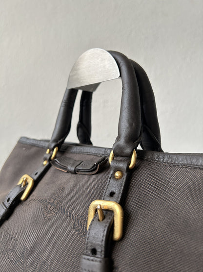 Prada canvas and leather triangle logo tote bag