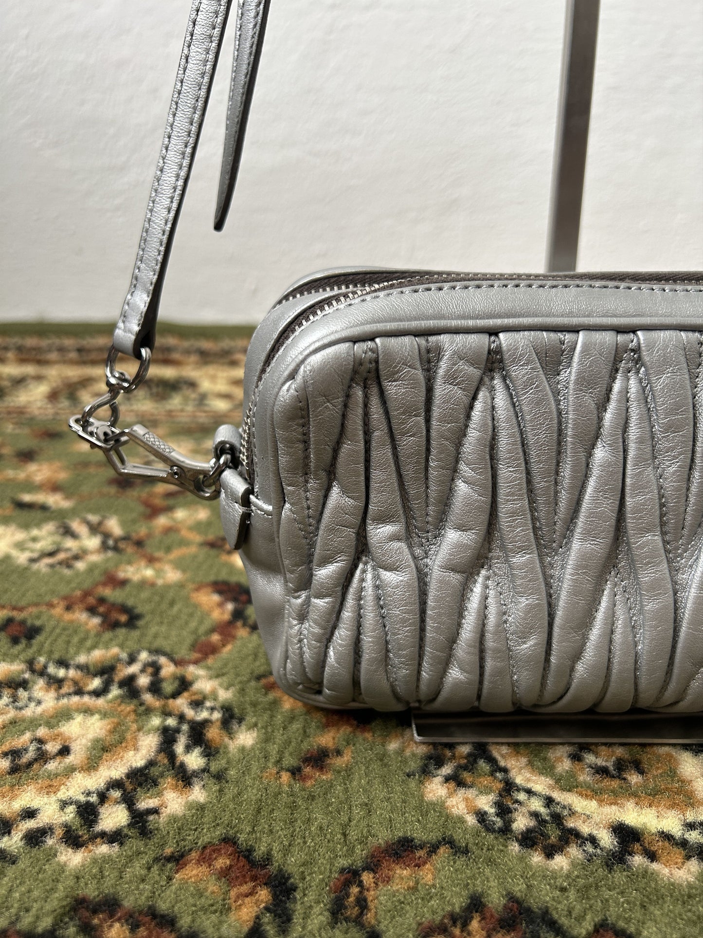 Miu miu matelasse pleated leather silver small crossbody bag