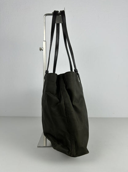 Vintage y2k prada nylon and leather triangle logo tote bag