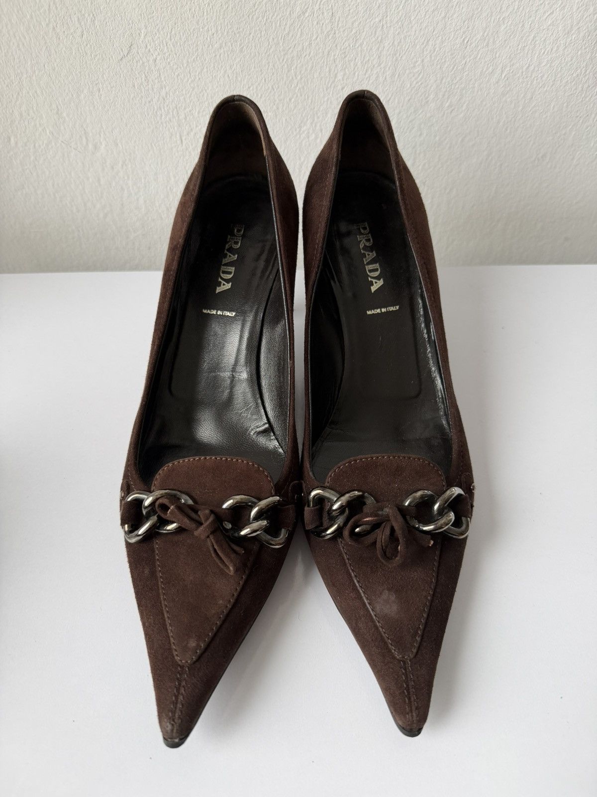 Vintage Prada suede pointed toe chain detail kitten heels