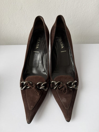 Vintage Prada suede pointed toe chain detail kitten heels