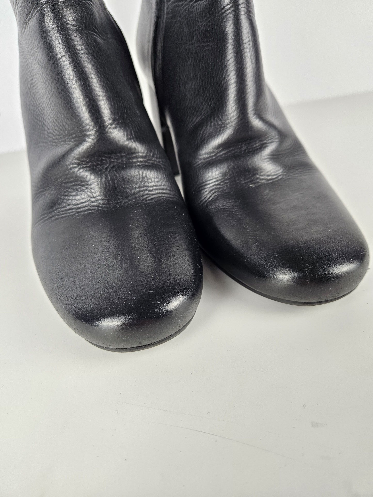 Prada calf leather side zip block heel ankle boots