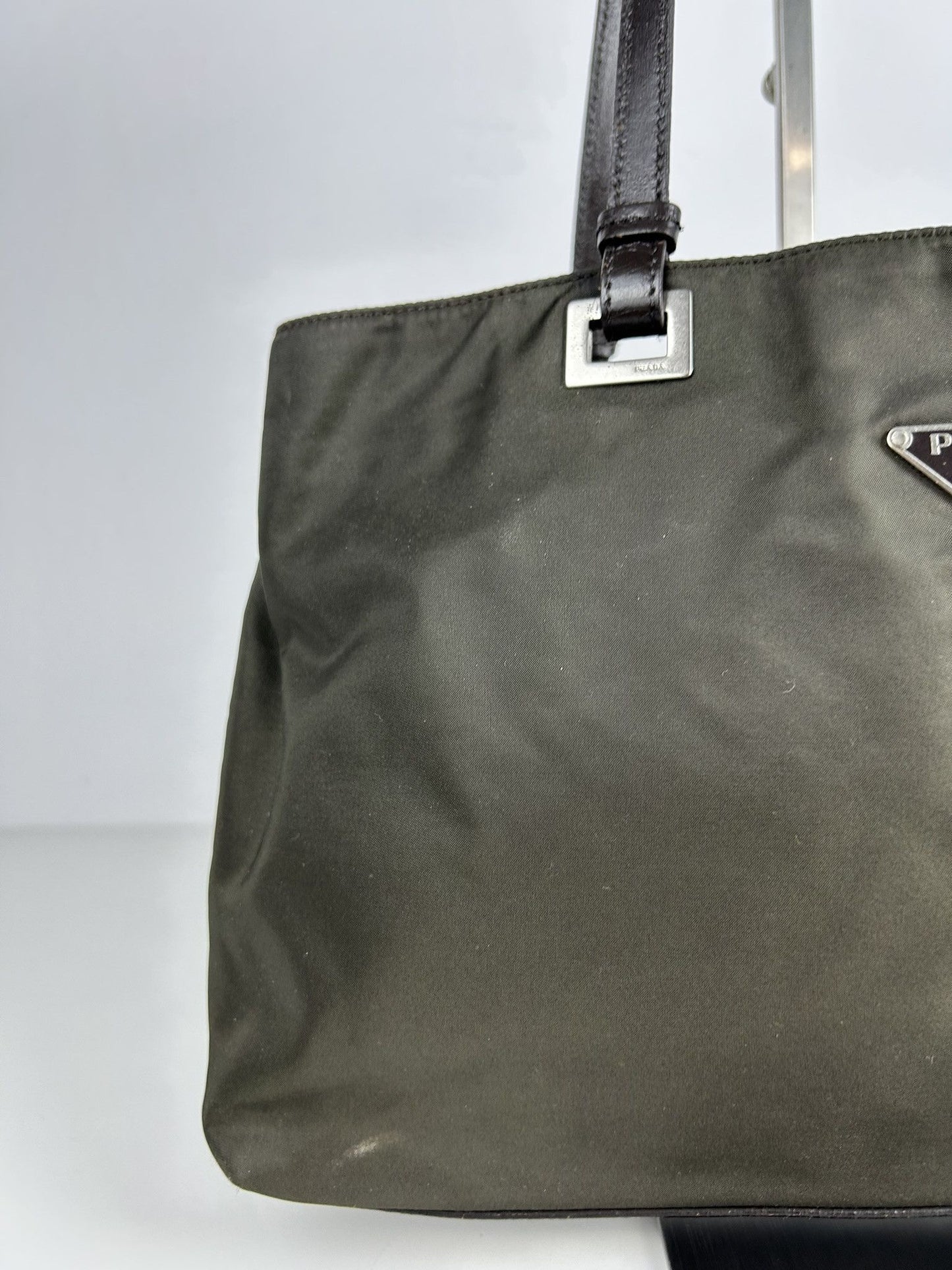 Vintage y2k prada nylon and leather triangle logo tote bag