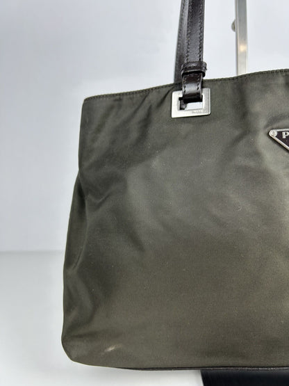 Vintage y2k prada nylon and leather triangle logo tote bag