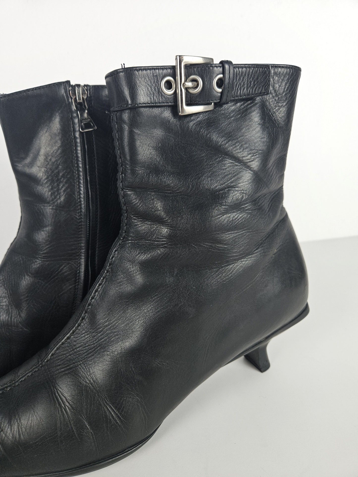 Archive Prada lamb leather kitten heel buckled ankle boots
