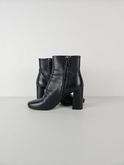 Prada calf leather side zip block heel ankle boots