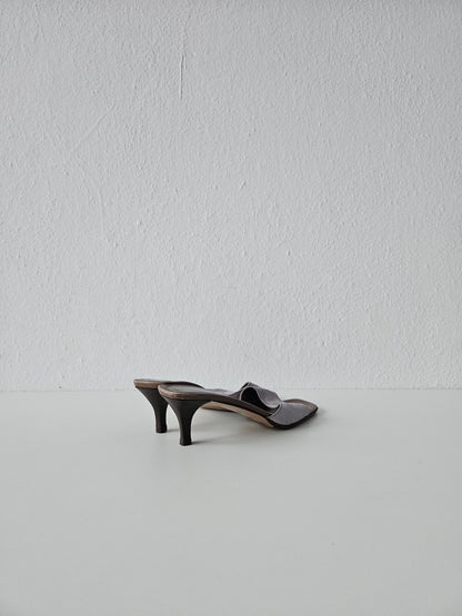 Vintage Gucci monogram canvas high heel open toe mules