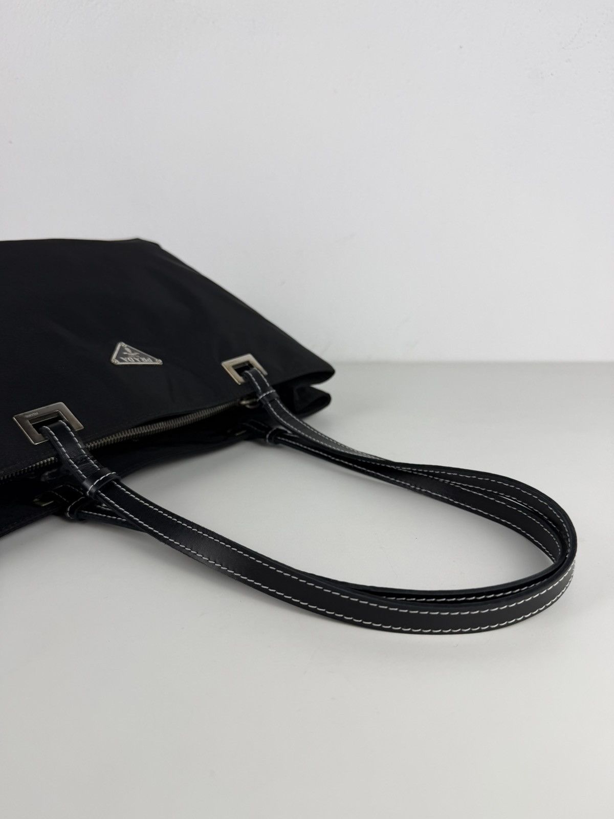 Vintage prada tessuto nylon and leather triangle logo tote