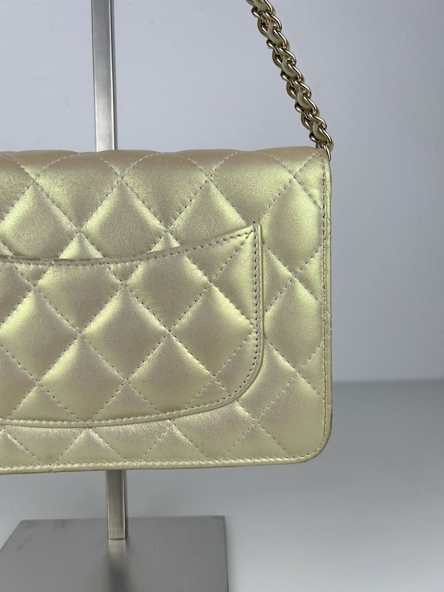 2020 Chanel gold metallic matelasse wallet on chain
