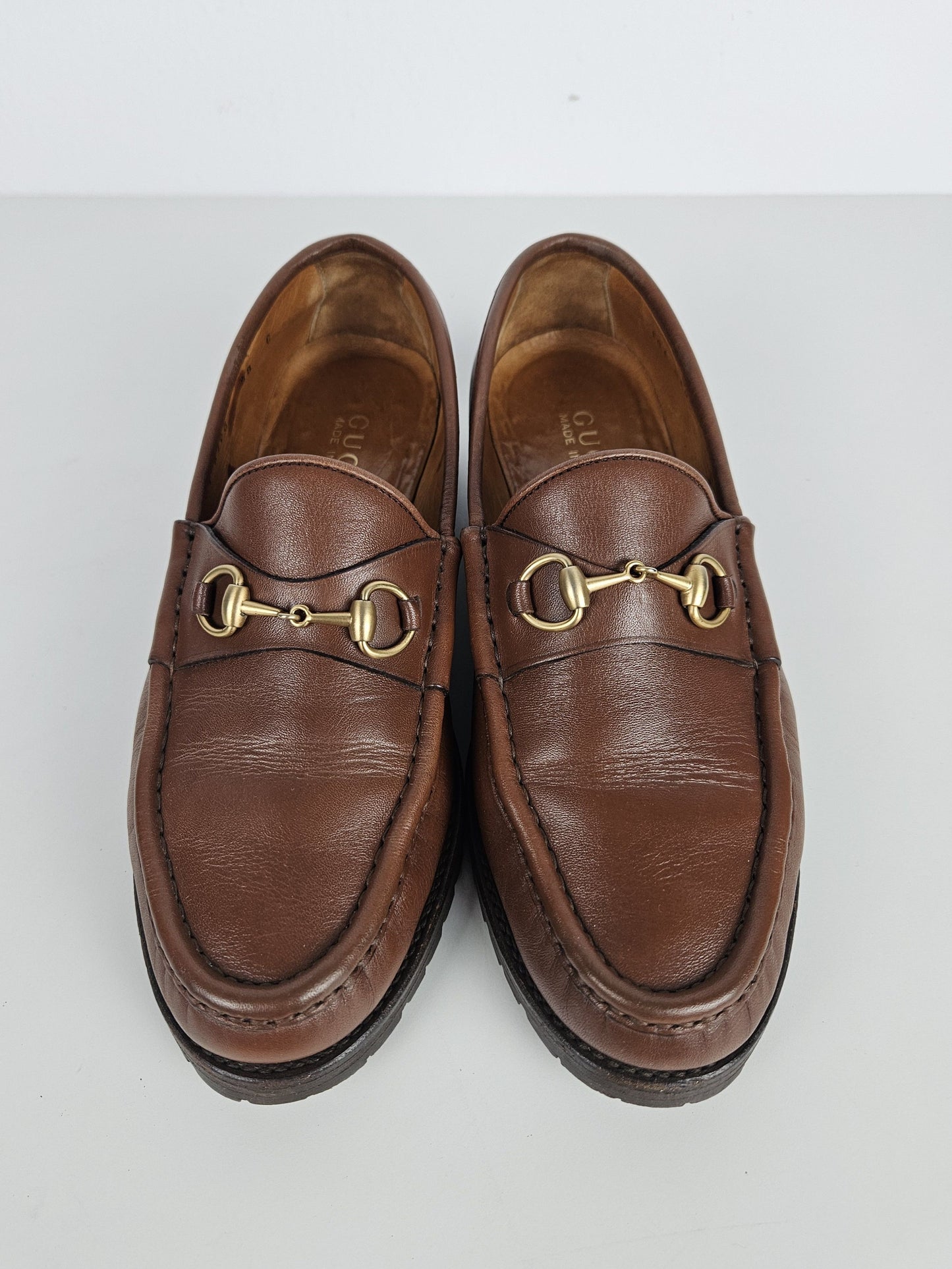 Vintage Gucci leather horsebit loafers with notched thick sole