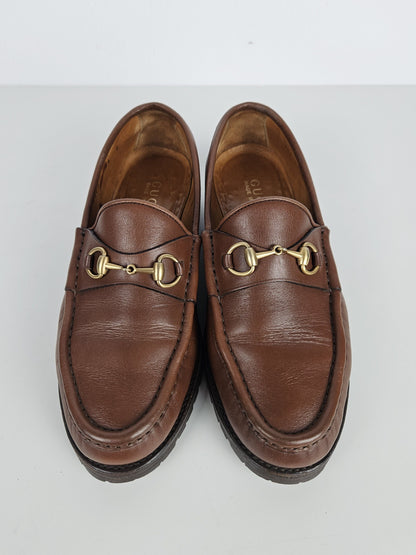 Vintage Gucci leather horsebit loafers with notched thick sole