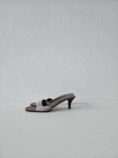 Vintage Gucci monogram canvas high heel open toe mules