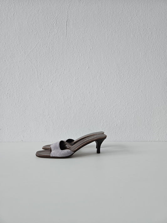 Vintage Gucci monogram canvas high heel open toe mules