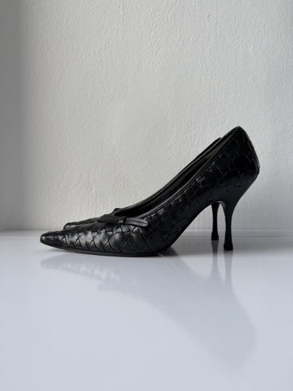 Prada woven leather long toe pumps with bow