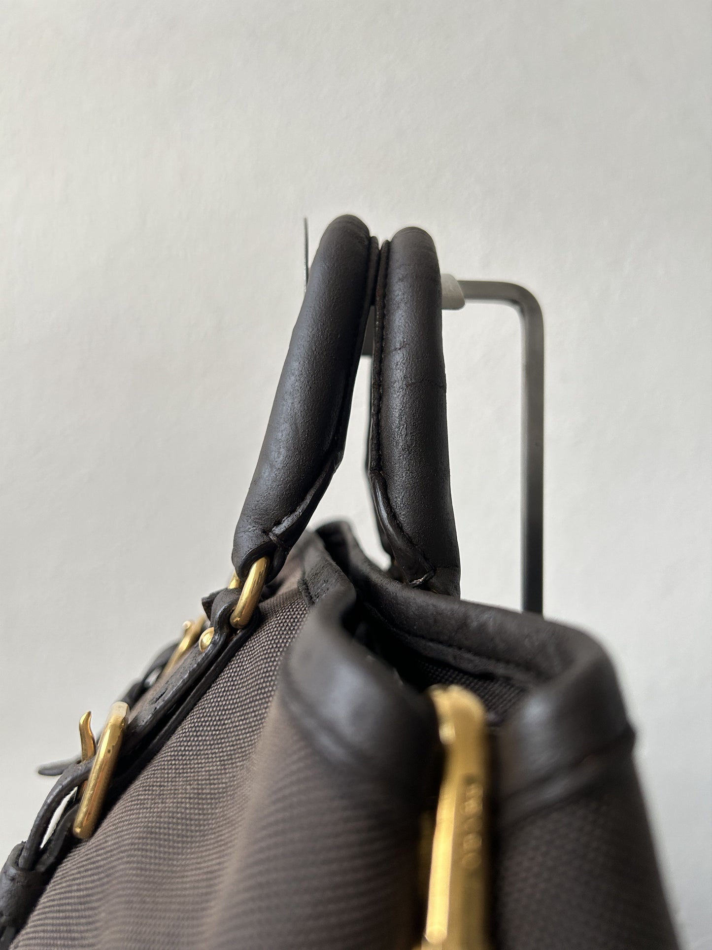 Prada canvas and leather triangle logo tote bag