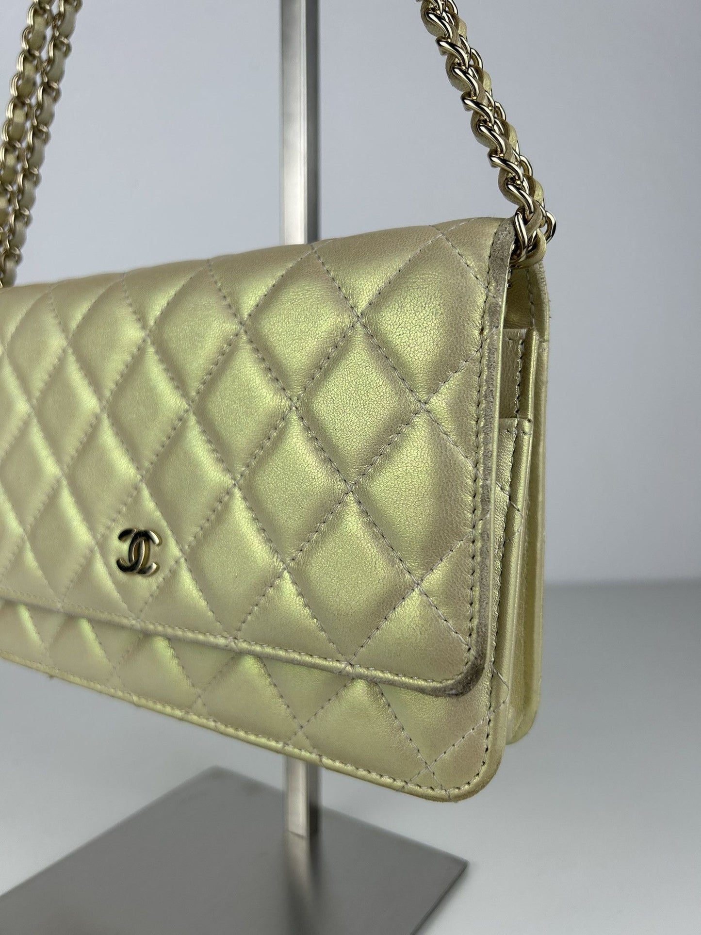 2020 Chanel gold metallic matelasse wallet on chain