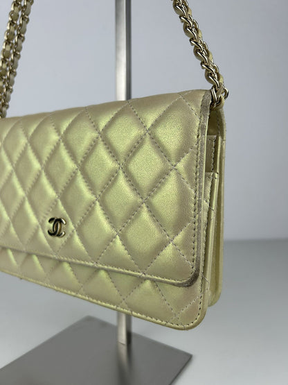 2020 Chanel gold metallic matelasse wallet on chain