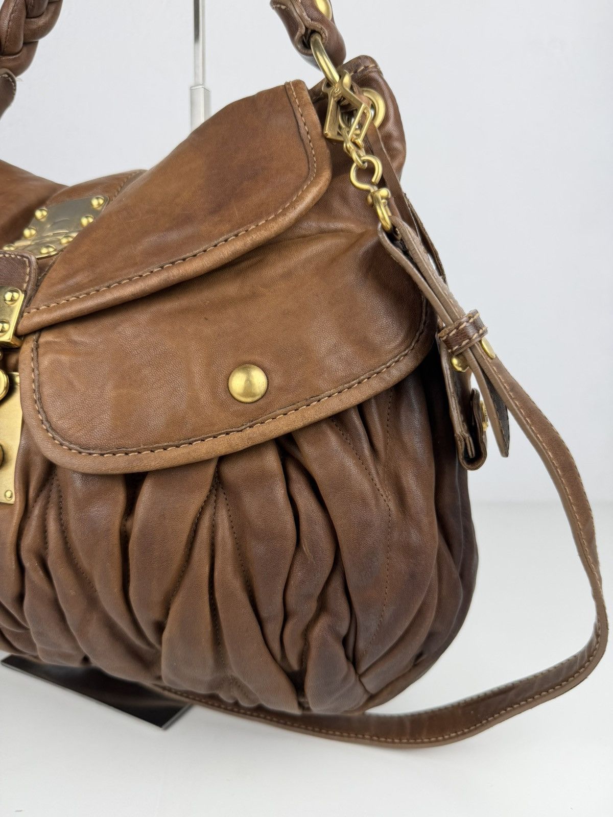 Miu Miu matelasse pleated leather coffer bag in brown