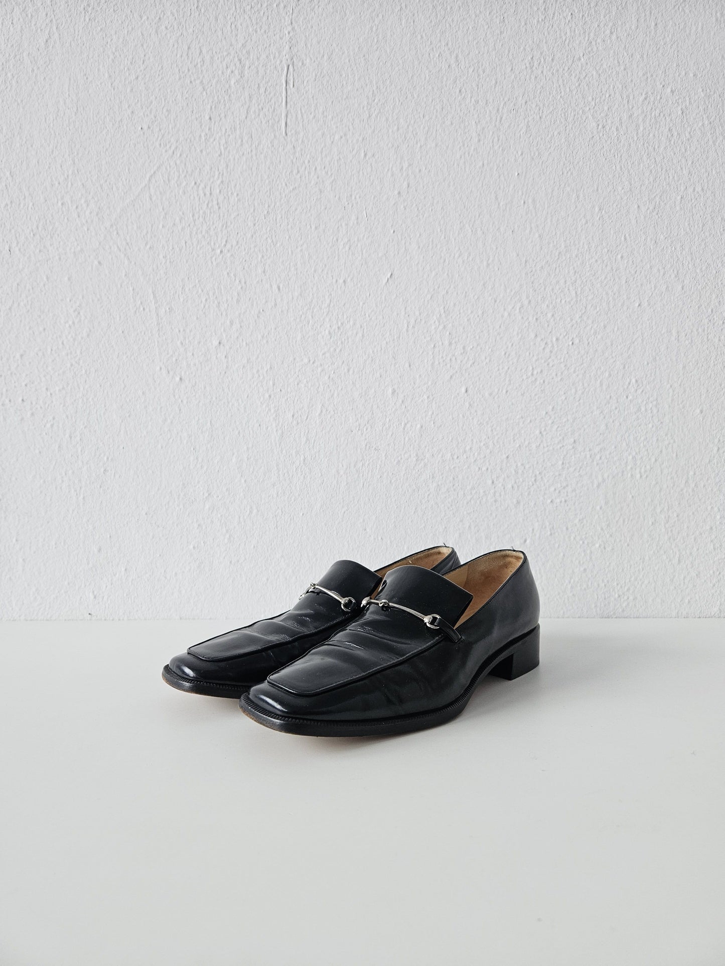 Vintage Gucci patent leather low block heel horsebit loafers