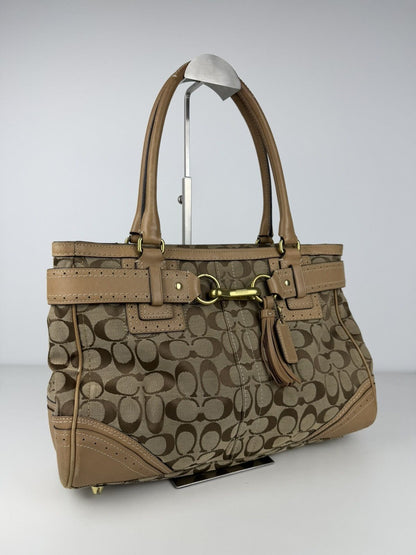 Coach signature leather canvas tassel tote bag
