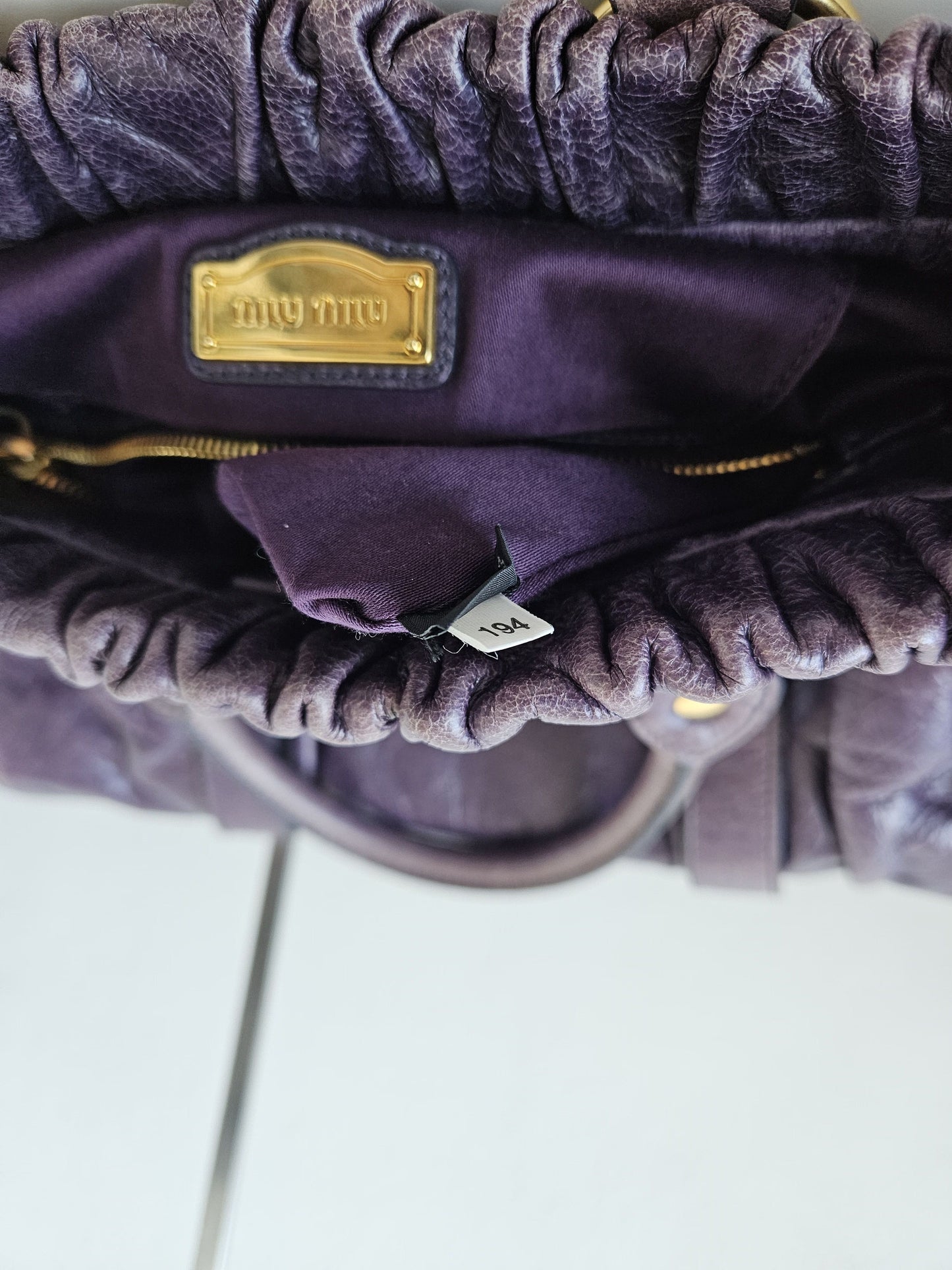 Miu miu vitello bauletto aperto gathered leather handbag