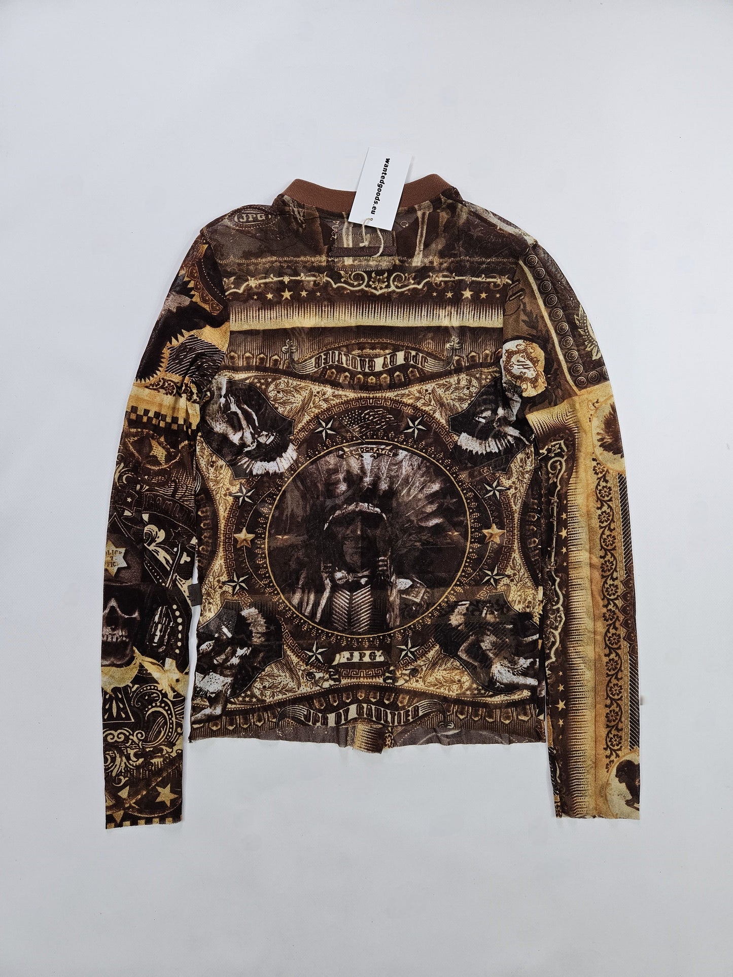 Jean Paul Gaultier jeans native american all over print button up mesh top