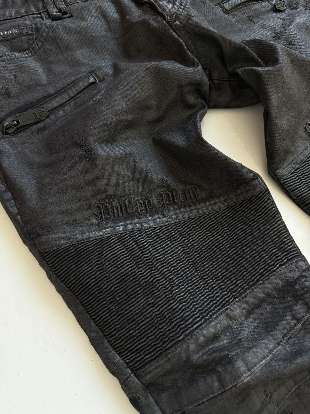 Philipp Plein born&raised distressed waxed biker denim