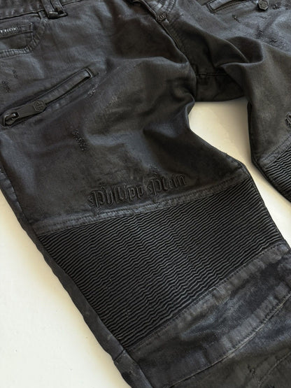 Philipp Plein born&raised distressed waxed biker denim