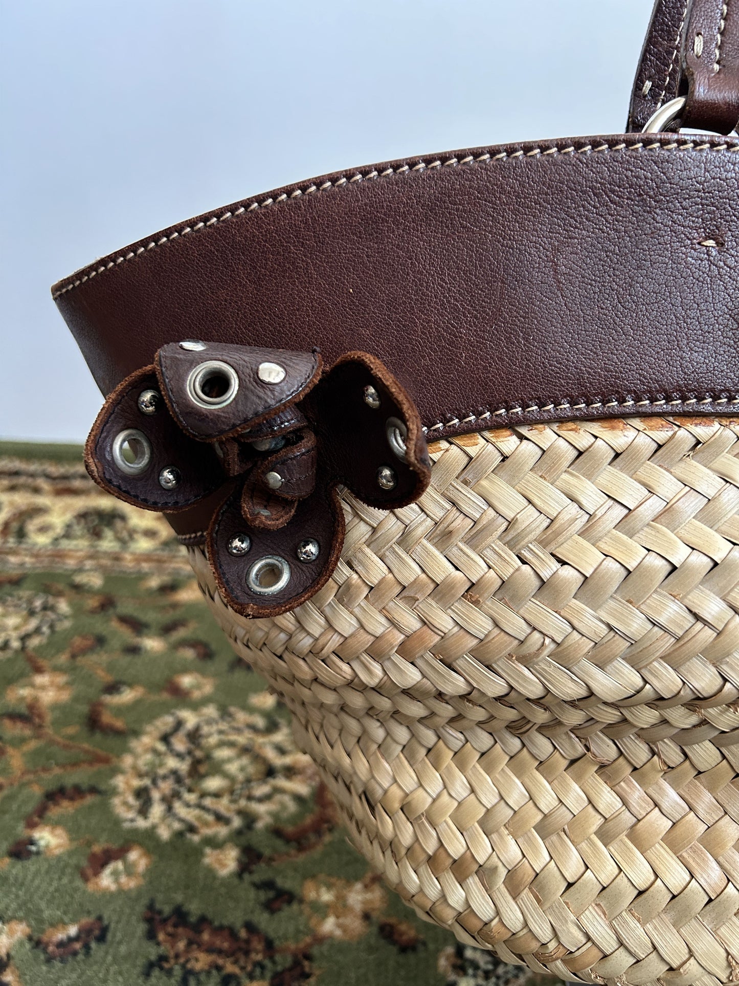 Vintage 90s archive miu miu raffia and leather tote bag