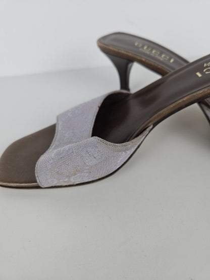 Vintage Gucci monogram canvas high heel open toe mules