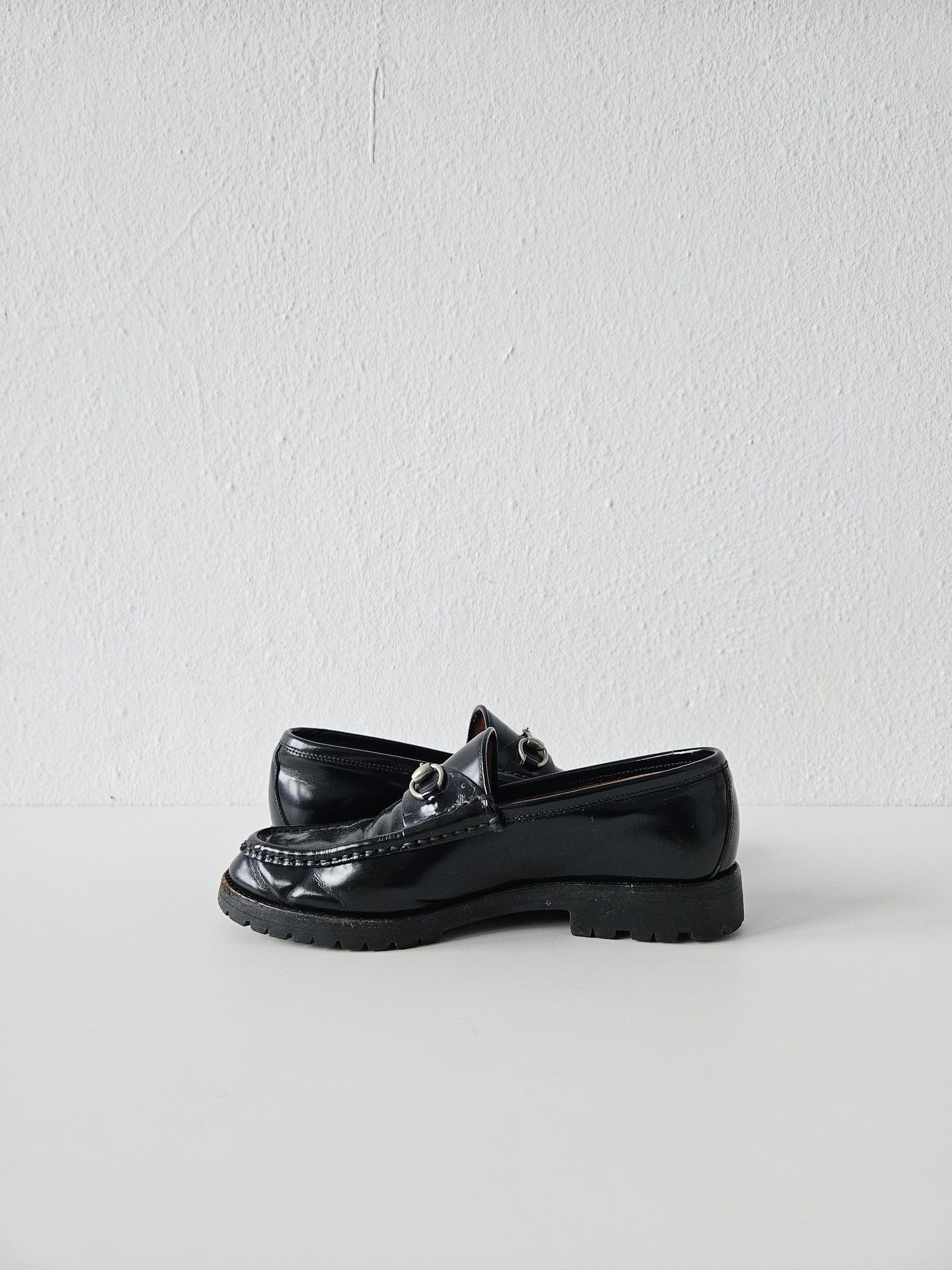 Vintage Gucci notched sole patent leather horsebit loafers