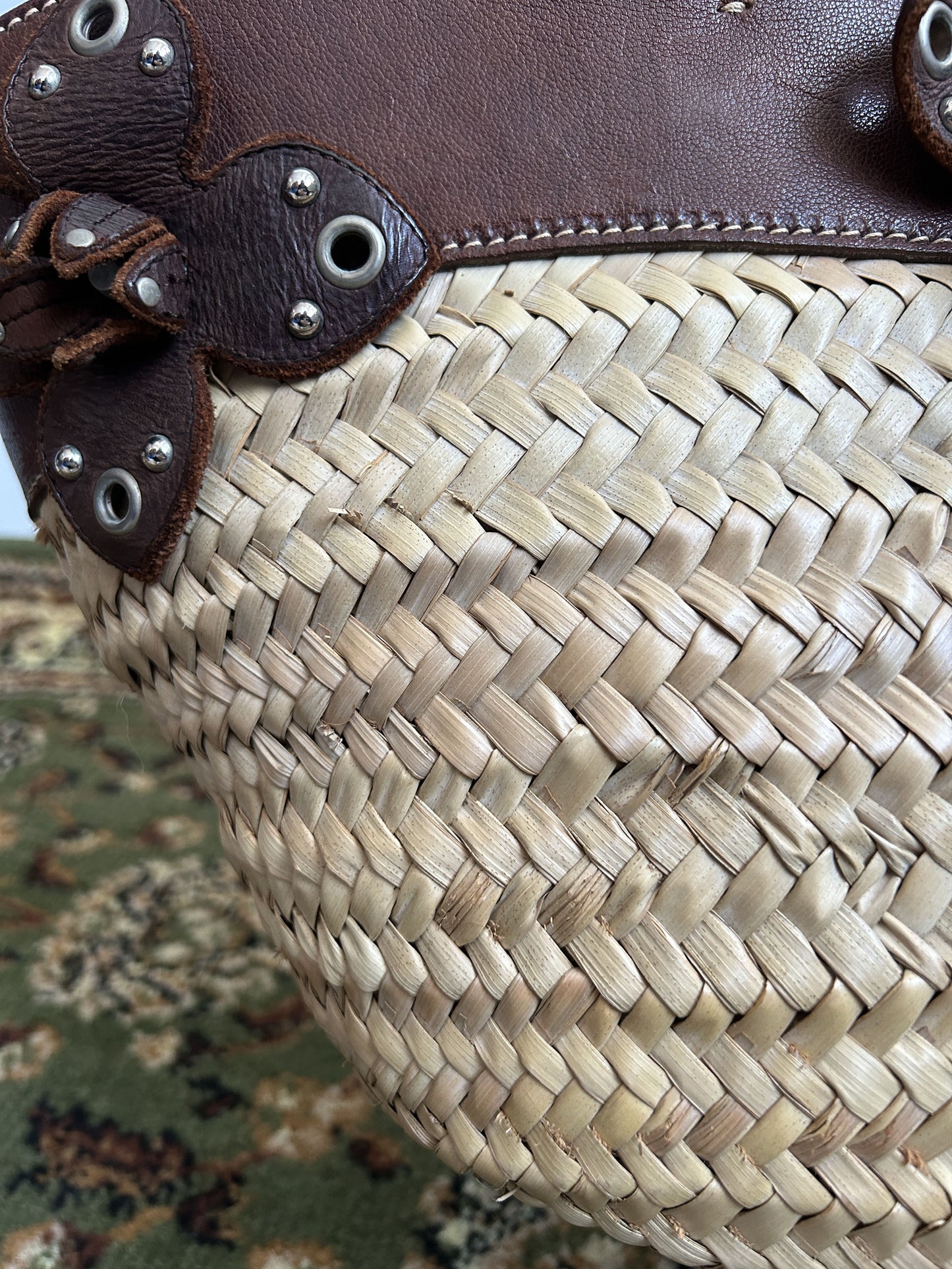 Vintage 90s archive miu miu raffia and leather tote bag