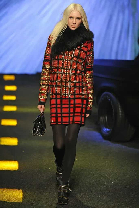 AW14 runway Philipp Plein studded check wool knit mini dress