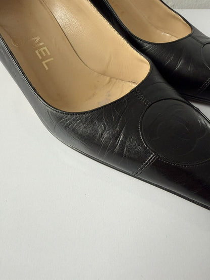 AW2001 Chanel embossed logo long toe leather pumps