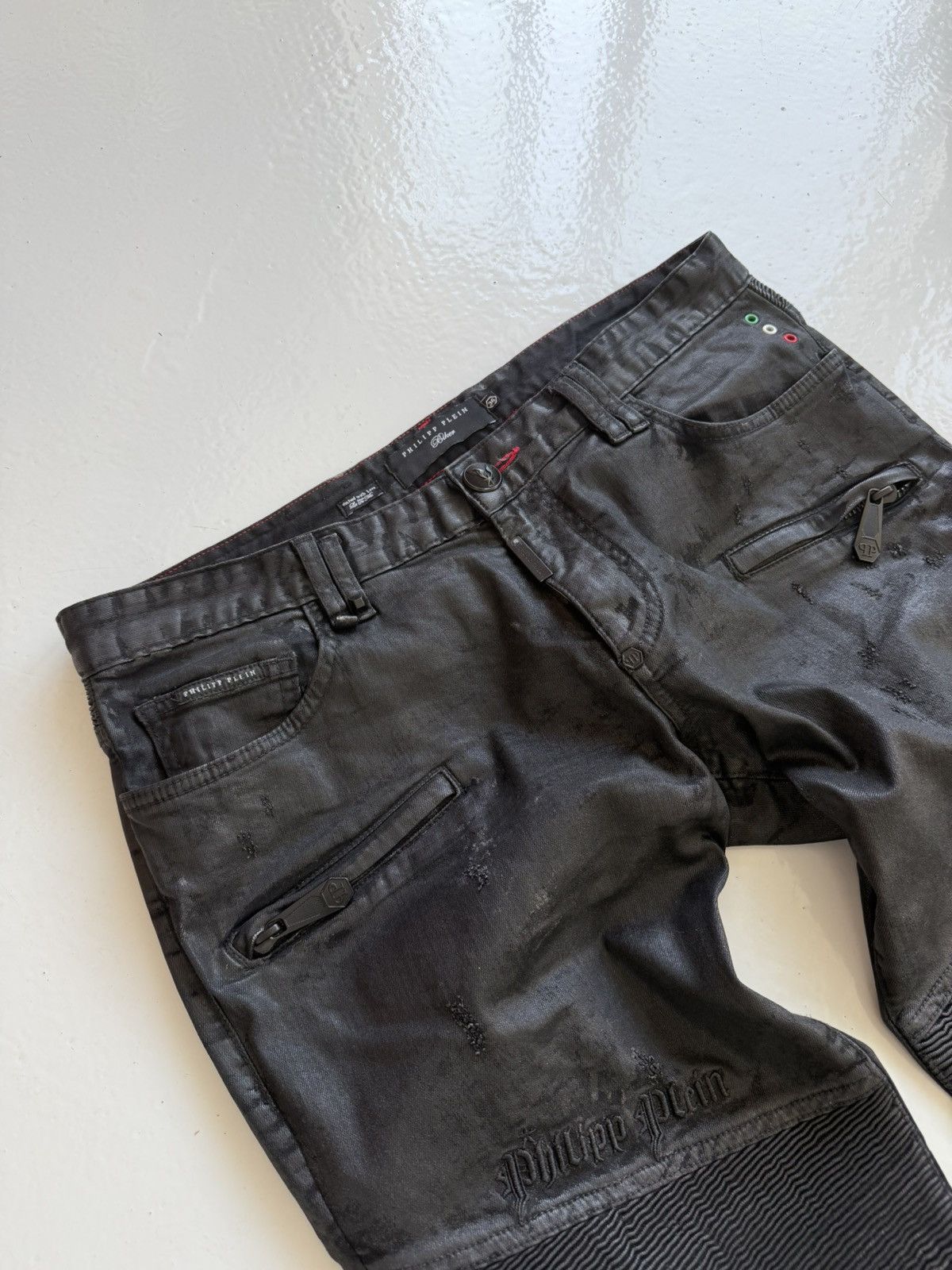 Philipp Plein born&raised distressed waxed biker denim