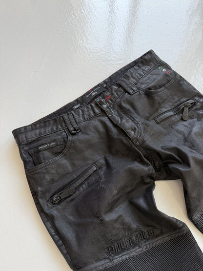 Philipp Plein born&raised distressed waxed biker denim