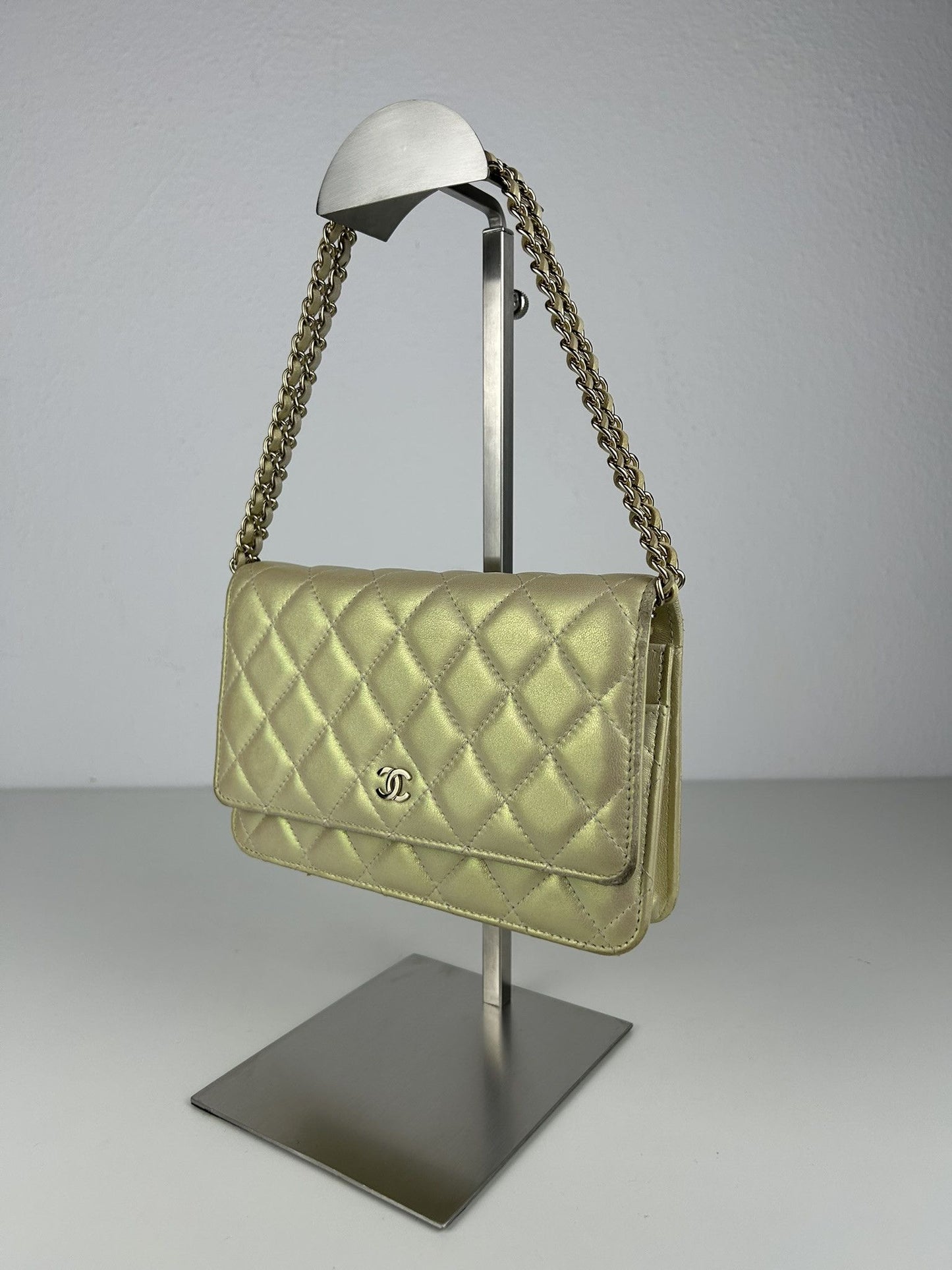 2020 Chanel gold metallic matelasse wallet on chain