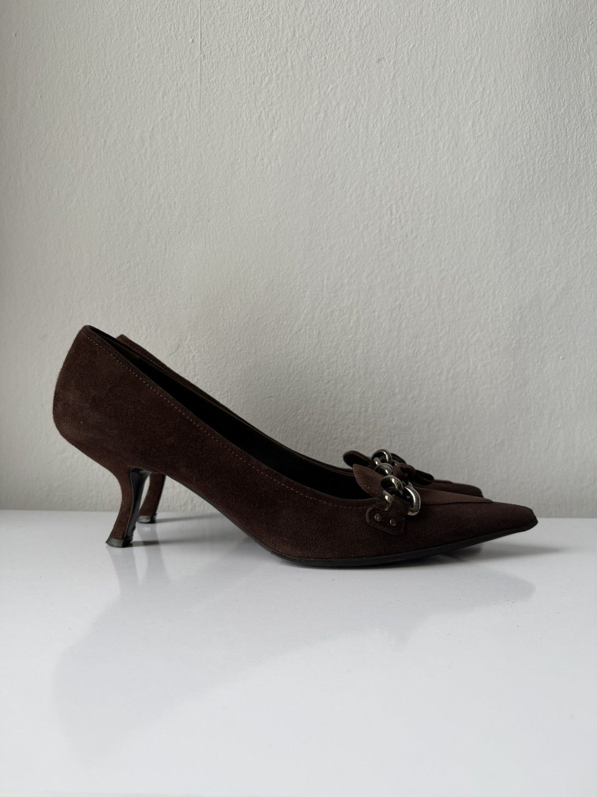 Vintage Prada suede pointed toe chain detail kitten heels