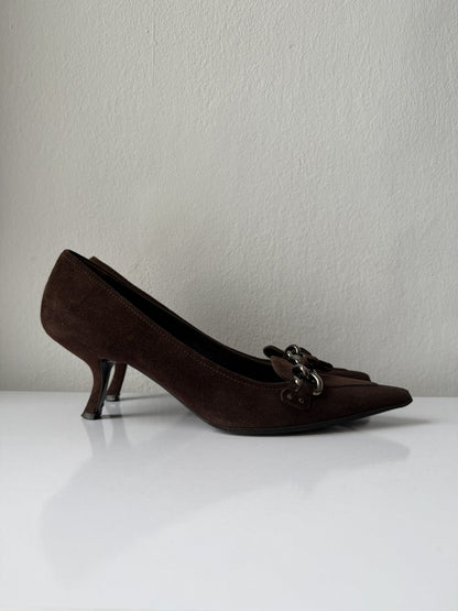 Vintage Prada suede pointed toe chain detail kitten heels