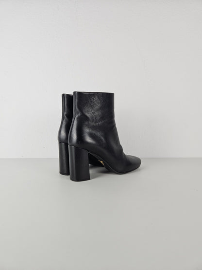 Prada calf leather side zip block heel ankle boots