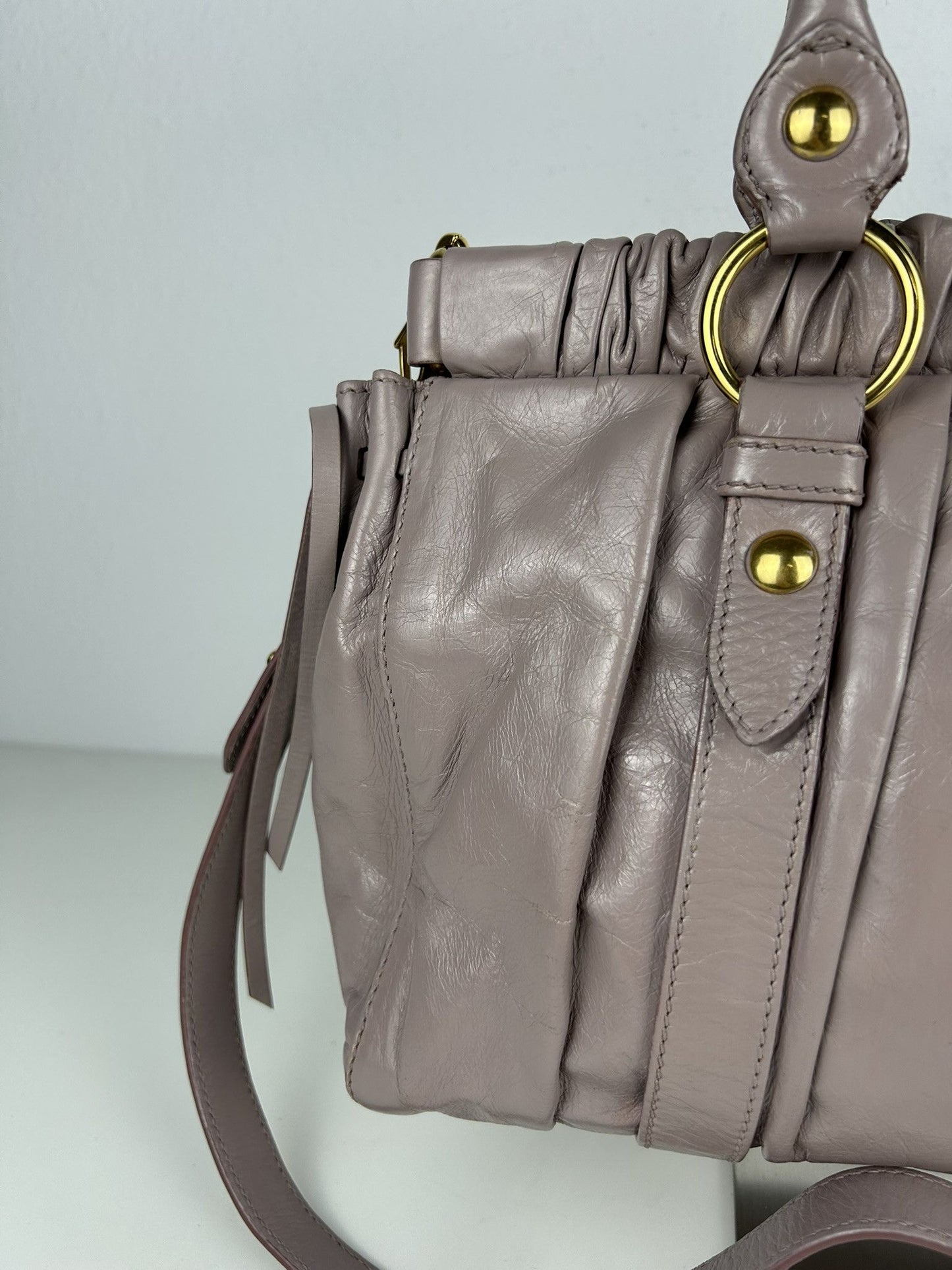Miu miu vitello bauletto aperto gathered leather handbag