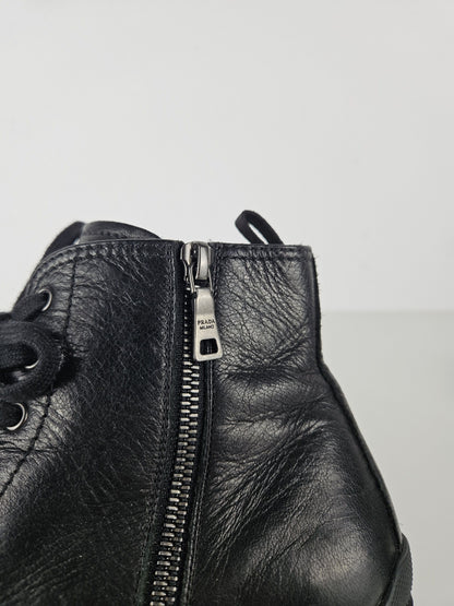 Prada lace up block heel notched sole ankle boots