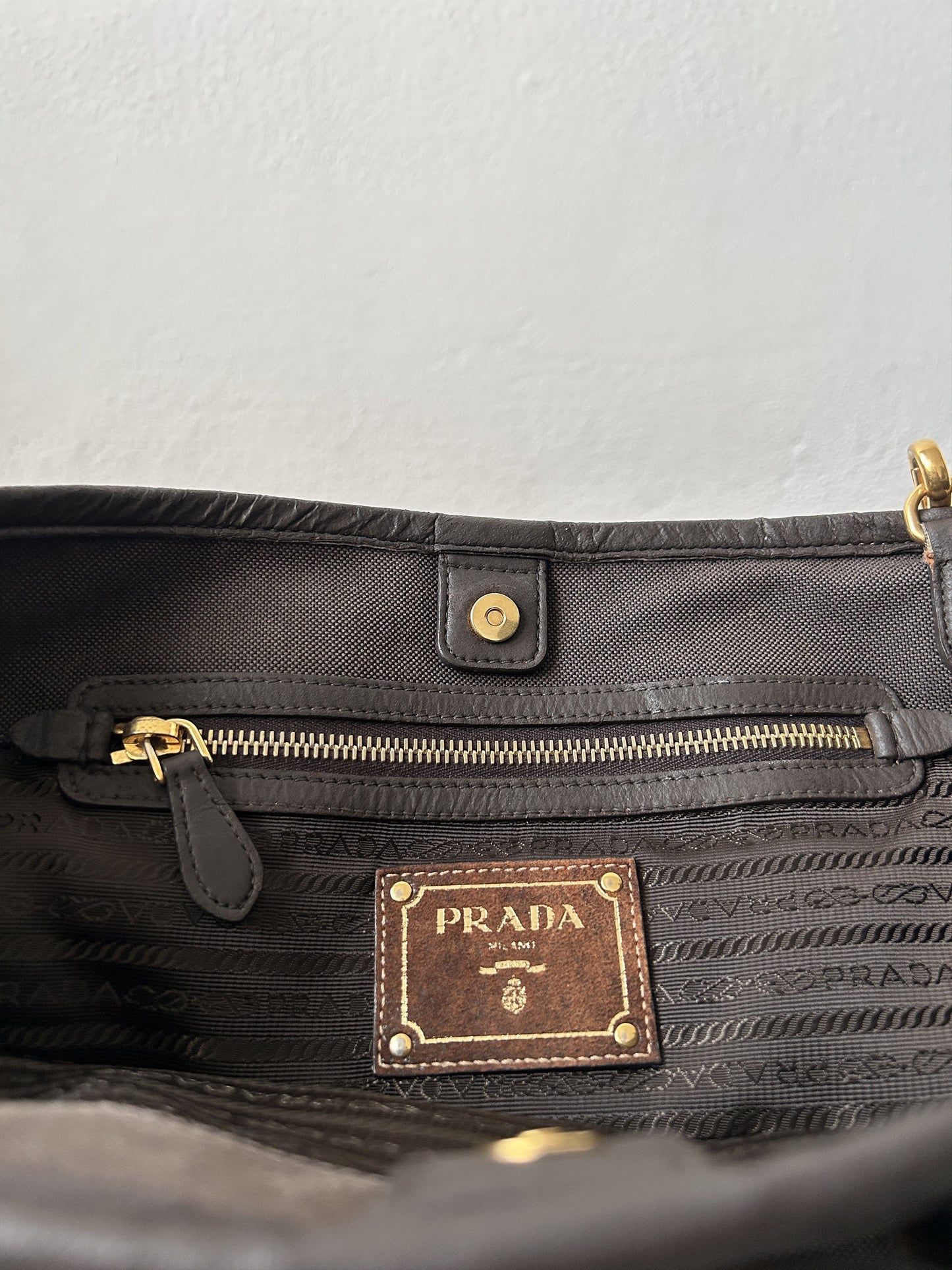 Prada canvas and leather triangle logo tote bag
