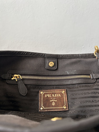 Prada canvas and leather triangle logo tote bag