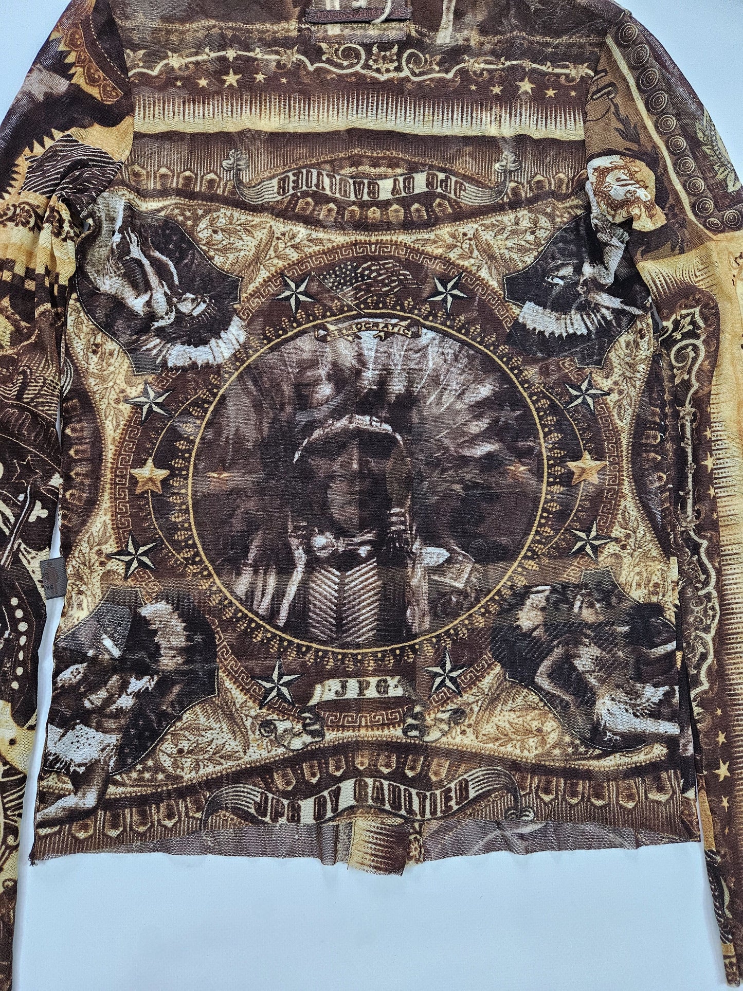 Jean Paul Gaultier jeans native american all over print button up mesh top