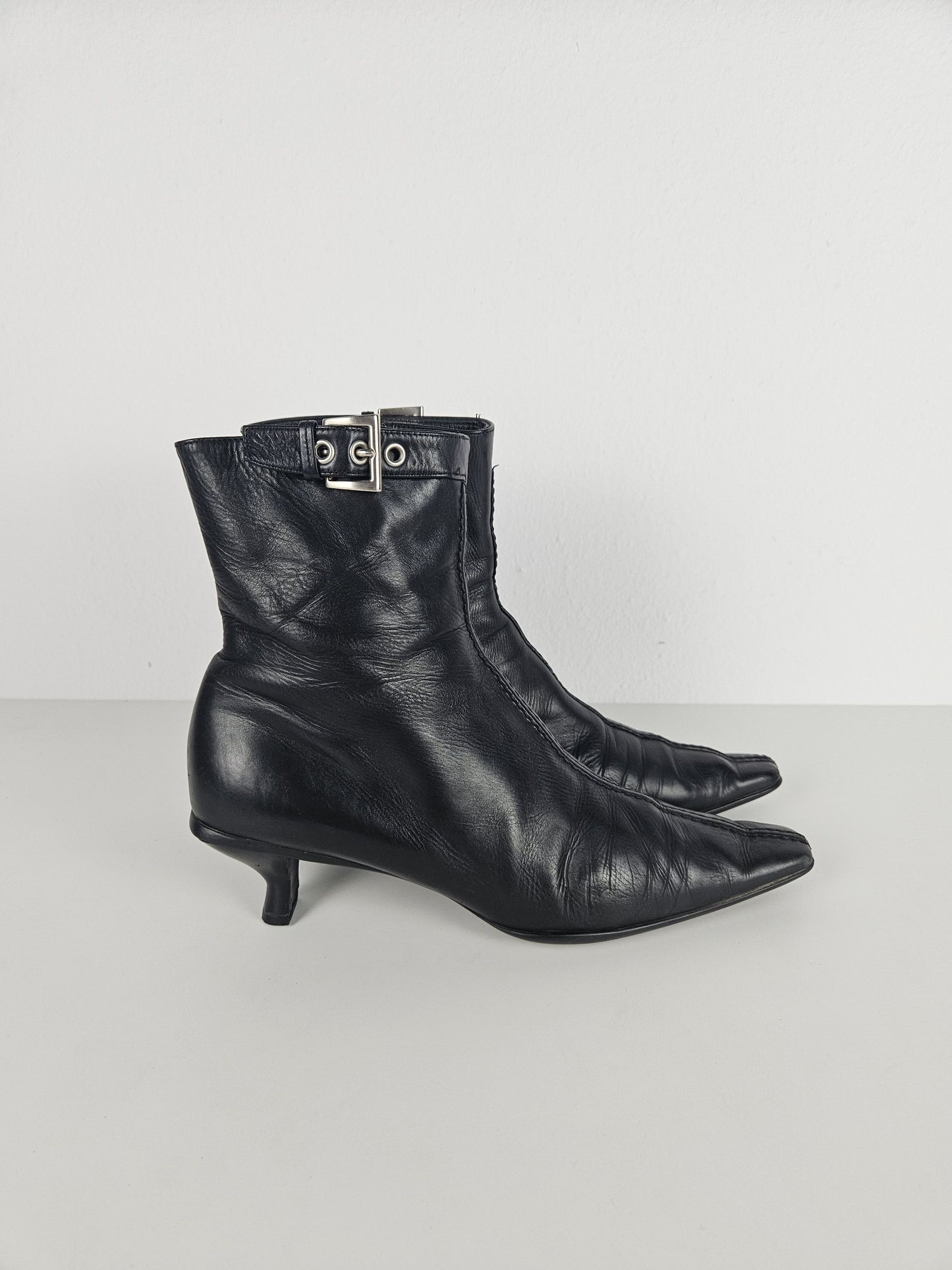 Archive Prada lamb leather kitten heel buckled ankle boots