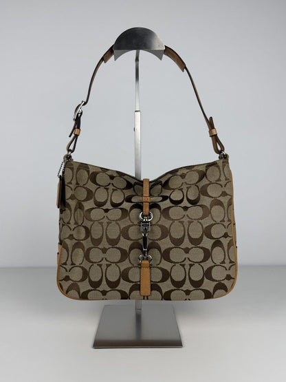 Coach hamptons leather and canvas clasp shoulder bag