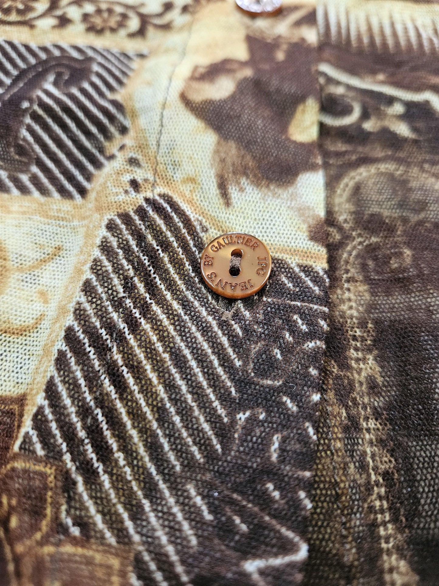 Jean Paul Gaultier jeans native american all over print button up mesh top