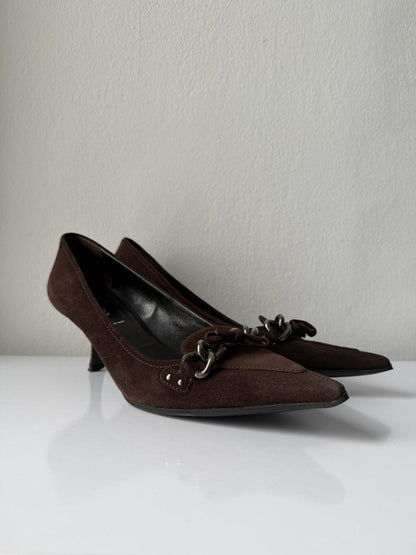 Vintage Prada suede pointed toe chain detail kitten heels