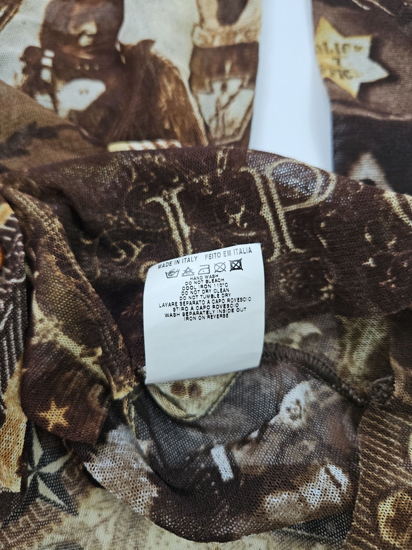 Jean Paul Gaultier jeans native american all over print button up mesh top